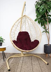 Подвесное кресло КАПЛЯ с ротангом бежевое, бордовая подушка