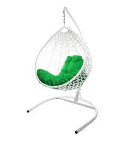 Подвесное кресло КАПЛЯ ЛЮКС с ротангом белое, зелёная подушка