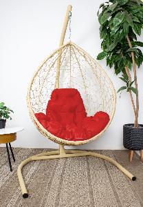 Подвесное кресло КАПЛЯ с ротангом бежевое, красная подушка