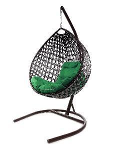 Подвесное кресло КАПЛЯ ЛЮКС с ротангом коричневое, зелёная подушка