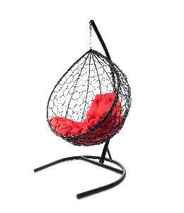 Подвесное кресло КАПЛЯ с ротангом чёрное, красная подушка