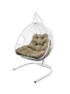 Подвесное кресло ДЛЯ ДВОИХ с ротангом белое, бежевая подушка
