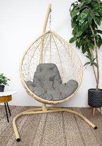 Подвесное кресло КАПЛЯ с ротангом бежевое, серая подушка