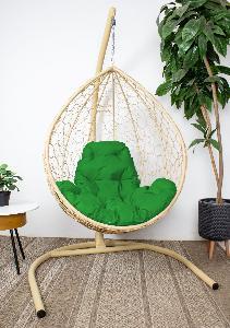 Подвесное кресло КАПЛЯ с ротангом бежевое, зелёная подушка