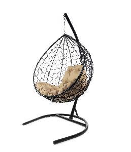 Подвесное кресло КАПЛЯ с ротангом чёрное, бежевая подушка