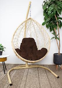 Подвесное кресло КАПЛЯ с ротангом бежевое, коричневая подушка