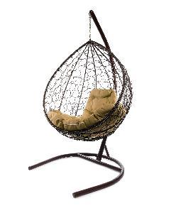 Подвесное кресло КАПЛЯ с ротангом коричневое, бежевая подушка