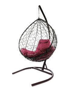 Подвесное кресло КАПЛЯ с ротангом коричневое, бордовая подушка