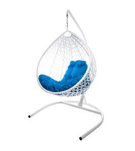 Подвесное кресло КАПЛЯ ЛЮКС с ротангом белое, синяя подушка