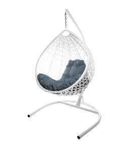 Подвесное кресло КАПЛЯ ЛЮКС с ротангом белое, серая подушка Подвесное кресло КАПЛЯ ЛЮКС с ротангом белое, серая подушка