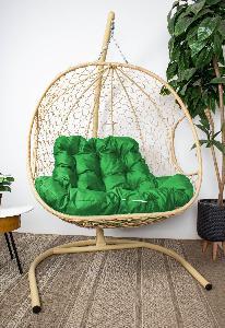 Подвесное кресло ДЛЯ ДВОИХ ЛЮКС с ротангом бежевое, зелёная подушка