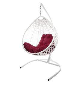 Подвесное кресло КАПЛЯ ЛЮКС с ротангом белое, бордовая подушка