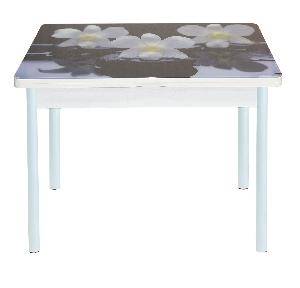 Стол обеденный поворотно раскладной фотопечать Симпл / бетон белый Орхидея на черных камнях / опора круглая муар белый