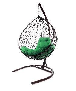 Подвесное кресло КАПЛЯ с ротангом коричневое, зелёная подушка