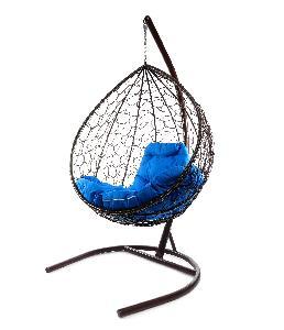 Подвесное кресло КАПЛЯ с ротангом коричневое, синяя подушка