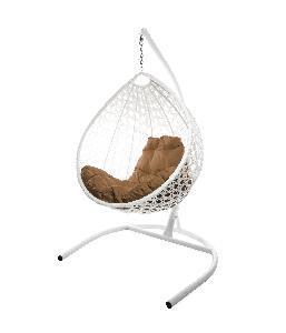 Подвесное кресло КАПЛЯ ЛЮКС с ротангом белое, бежевая подушка