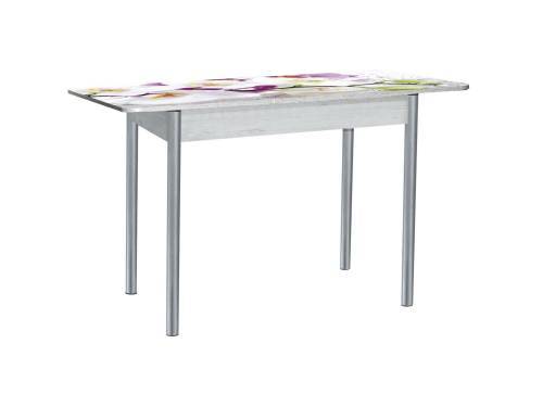 Стол обеденный раздвижной Нью йорк фотопечать / бетон белый Орхидея 0195 / опора круглая серебристый металлик