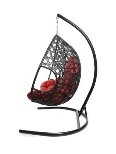 Подвесное кресло ДЛЯ ДВОИХ ЛЮКС с ротангом чёрное, красная подушка