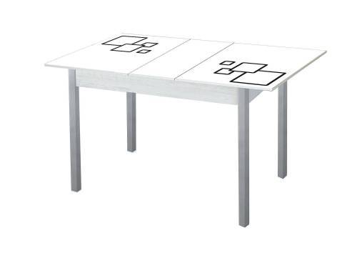 Стол обеденный Альфа фотопечать /бетон белый Квадраты на белом / опора квадро  серебристый металлик