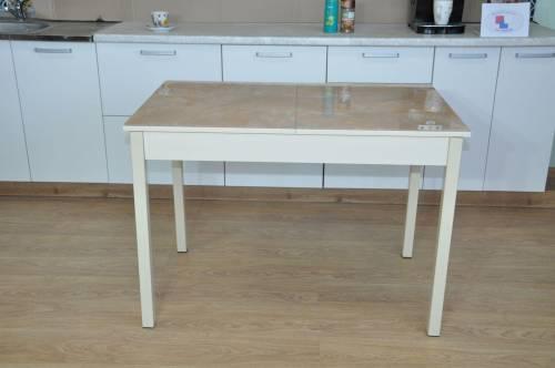 Стол обеденный Альфа фотопечать / бетон белый Бежевый мрамор / опора квадро  белый муар