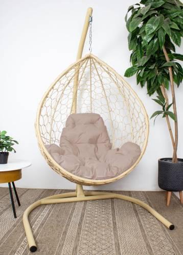 Подвесное кресло КАПЛЯ с ротангом бежевое, бежевая подушка