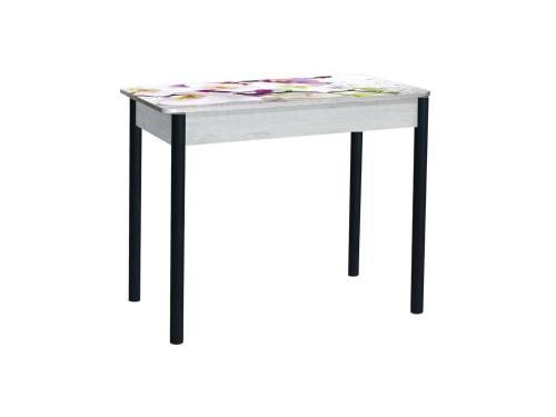 Стол обеденный раздвижной Нью йорк фотопечать / бетон белый Орхидея 0195 / опора круглая муар черный