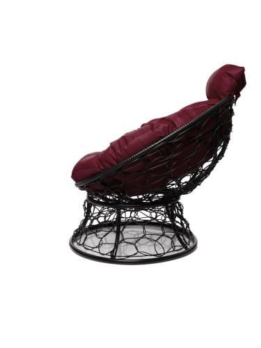 Кресло ПАПАСАН мини с ротангом чёрное, бордовая подушка