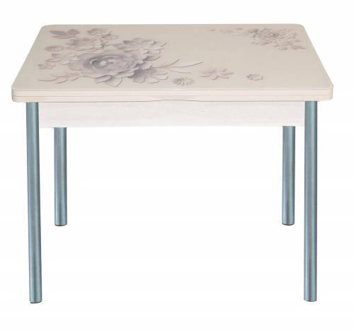 Стол обеденный поворотно раскладной фотопечать Симпл / дуб молочный Кофейные цветы / опора круглая серебристый металлик