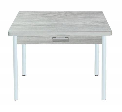 Стол обеденный СИМПЛ с ящиком  / Ясень шимо светлый /Опора № 2-круглая муар белый