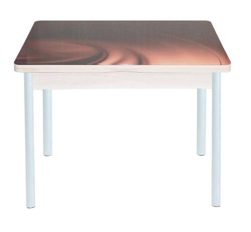 Стол обеденный поворотно раскладной фотопечать Симпл / дуб молочный Шоколад / опора круглая муар белый