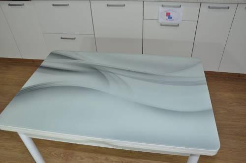 Стол обеденный поворотно раскладной фотопечать Симпл / дуб молочный Текстура 029 / опора круглая муар белый