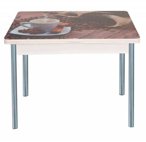 Стол обеденный поворотно раскладной фотопечать Симпл / дуб молочный Чашка кофе / опора круглая серебристый металлик