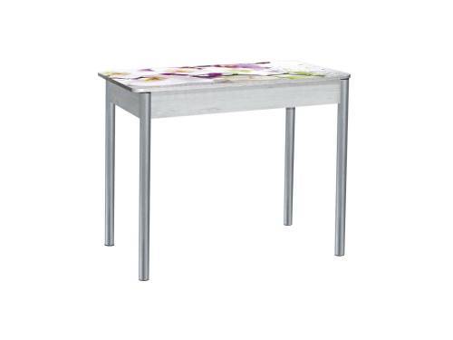 Стол обеденный раздвижной Нью йорк фотопечать / бетон белый Орхидея 0195 / опора круглая серебристый металлик