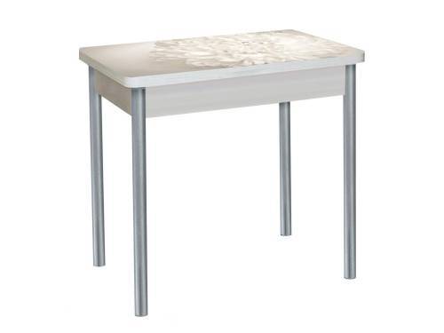 Стол обеденный поворотно раскладной фотопечать БРОНКС / дуб молочный Цветы 019 / опора круглая серебристый металлик