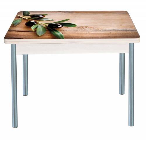 Стол обеденный поворотно раскладной фотопечать Симпл / дуб молочный Маслины / опора круглая серебристый металлик