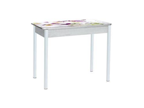 Стол обеденный раздвижной Нью йорк фотопечать / бетон белый Орхидея 0195 / опора круглая муар белый