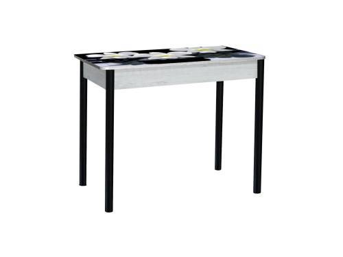 Стол обеденный раздвижной Нью йорк фотопечать / бетон белый Орхидея на черных камнях / опора круглая муар черный