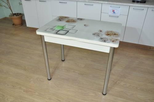 Стол обеденный поворотно раскладной фотопечать Симпл / дуб молочный Ирис/опора Хром