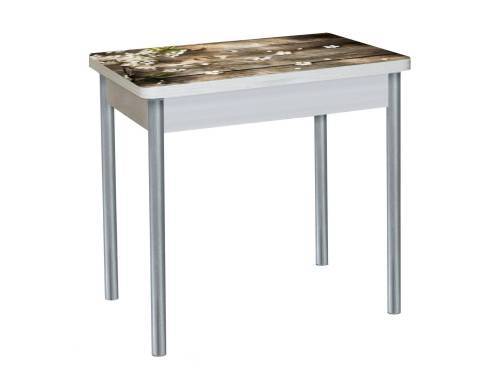 Стол обеденный поворотно раскладной фотопечать БРОНКС / бетон белый Цветы на досках / опора круглая серебристый металлик