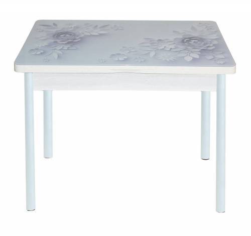 Стол обеденный поворотно раскладной фотопечать Симпл / бетон белый Цветы на сером / опора круглая муар белый