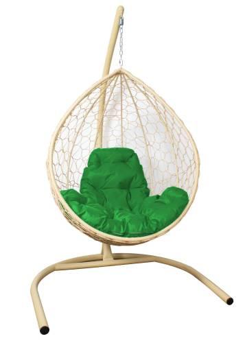 Подвесное кресло КАПЛЯ с ротангом бежевое, зелёная подушка