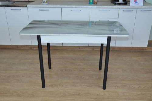 Стол обеденный раздвижной Нью йорк фотопечать / бетон белый Текстура 029 / опора круглая муар черный