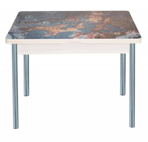 Стол обеденный поворотно раскладной фотопечать Симпл / дуб молочный Мрамор космос / опора круглая серебристый металлик