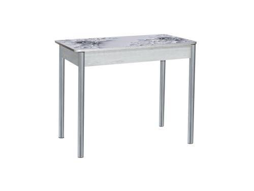 Стол обеденный раздвижной Нью йорк фотопечать / бетон белый Цветы на сером / опора круглая серебристый металлик