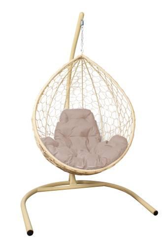 Подвесное кресло КАПЛЯ с ротангом бежевое, бежевая подушка