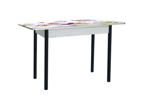 Стол обеденный раздвижной Нью йорк фотопечать / бетон белый Орхидея 0195 / опора круглая муар черный