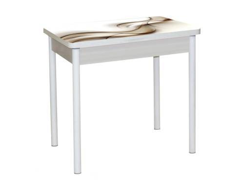 Стол обеденный поворотно раскладной фотопечать БРОНКС / дуб молочный Текстура 032 / опора круглая муар белый