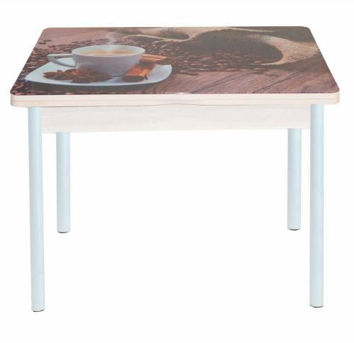 Стол обеденный поворотно раскладной фотопечать Симпл / дуб молочный Чашка кофе / опора круглая муар белый