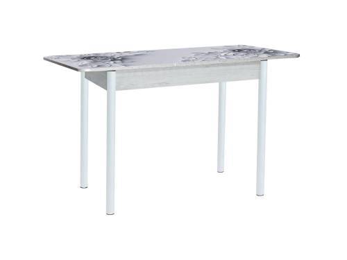 Стол обеденный раздвижной Нью йорк фотопечать / бетон белый Цветы на сером / опора круглая муар белый