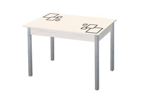 Стол обеденный Альфа фотопечать /дуб молочный Квадраты на бежевом / опора квадро  серебристый металлик